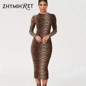 ZHYMIHRET Sexy imprimé léopard robe moulante femmes à manches longues Midi automne robes De Festa tenue De club 240111