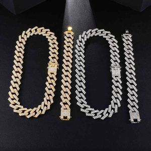 Aleación de zinc con diamantes helados, 19 mm, 2 filas, pulsera de cadena cubana, collar, conjunto de joyería de Hip Hop helado para hombres y mujeres, rapero