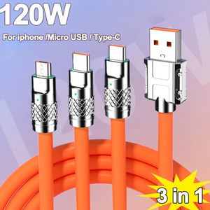 Máquina de caucho suave de aleación de zinc Cable uno a tres para pasajeros Adecuado para todos los teléfonos inteligentes Carga súper rápida 120 W con luz Cable de datos tres en uno de 1,2 metros