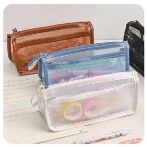 Pochette en maille à glissière sac à crayons en Nylon Transparent à Double couche sac de rangement de papeterie de bureau polyvalent