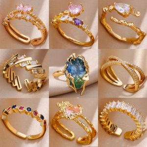 Bagues en forme de cœur en Zircon pour femmes, or jaune 14 carats, anneau ouvert, Design tendance, bijoux imperméables pour Couple de mariage, 2024