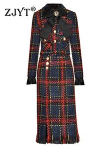 ZJYT Autumn Winter Winter Plaid Tweed Woed Dress Sets Two Piece for Women Elegant Vintage Bow Jacket Skirt Traje Oficina de Oficina 231225