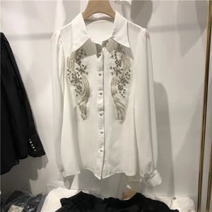 Zjyt Spring Beading Shirts and Blousses for Women White White Blusa Mujer Moda Style Korean Office Office Camisas Tops Black 240326