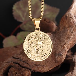 Colliers avec pendentif Dragon du zodiaque en or jaune 14 carats pour femmes et hommes, bijoux de couleur dorée, ornements de mascotte ronds, symbole porte-bonheur, cadeaux