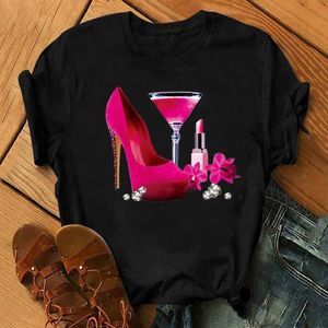 Zogankin camiseta verano Casual Tops manga corta mujer rosa zapatos de tacón alto copas de vino impreso negro Mujer