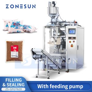 ZONESUN Sauce automatique VFFS Machine de conditionnement Pâte Équipement de remplissage et de scellement Liquide Sachet Poche Pompe à piston ZS-GFGT620