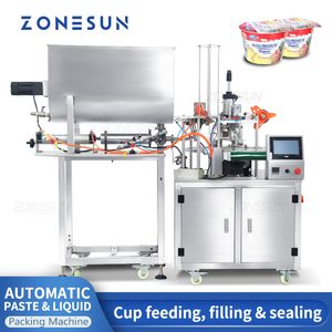 ZONESUN ZS-FS600 Máquina automática de llenado y sellado Copa Helado Yogurt CartonTub Mantequilla de maní Dip Salsa Línea giratoria