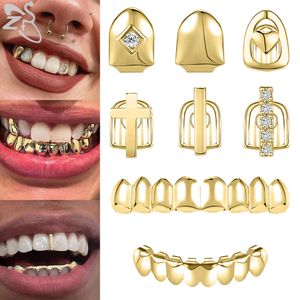 ZS 1-2 pièces Hip Hop plaqué or dents brillant CZ cristal croix écart Grillz haute finition polie haut bas capuchon de dent