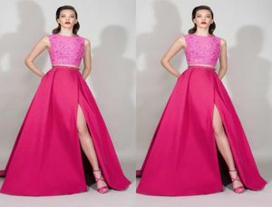 Zuhair Murad 2016 Fuchsia Lace and Satin Two Pieces Robes de soirée Side Split With Sequin Robes de bal sur mesure China En1219592595