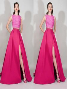 Zuhair Murad 2016 Fuchsia Lace and Satin Two Pieces Robes de soirée Side Split With Sequin Robes de bal sur mesure China En1217491818