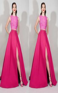 Zuhair Murad 2016 FUCHSIA LACE Y SATIN DOS PIEZAS Vestidos de noche Sexy Split Side with Sequin Prom Gowns personalizado China EN1217402508