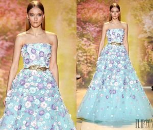Zuhair Murad robes de bal tulle bleu avec des appliques florales 3D colorées une ligne robes de soirée formelles sans bretelles avec ceinture robe sur mesure
