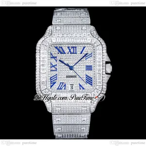 ZYF M8215 Montre automatique pour homme pavée de diamants XL 40 mm Miyota Boîtier et bracelet rectangulaires entièrement glacés en diamant Bleu Roman Dail Super Edition Puretime G7