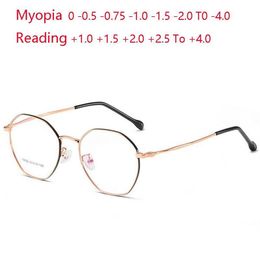 -0 5 -0 75 à-4 0 lunettes myopes en acier inoxydable femmes hommes lunettes de Prescription polygone en métal 1 0 1 5 4 0 lunettes de soleil 250P