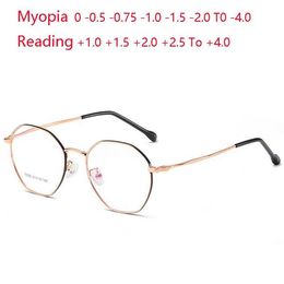 -0 5 -0 75 à -4 0 lunettes myopes en acier inoxydable femmes hommes lunettes de Prescription polygone en métal 1 0 1 5 4 0 lunettes de soleil 2673
