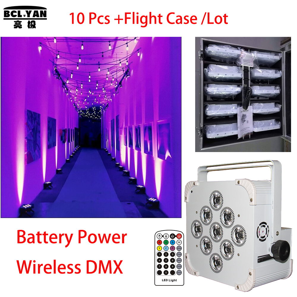 10XLOT With fly case new design 9x18w RGBWAUV 6 IN1 Battery operated wireless dmx led stage light led flat par uplight
