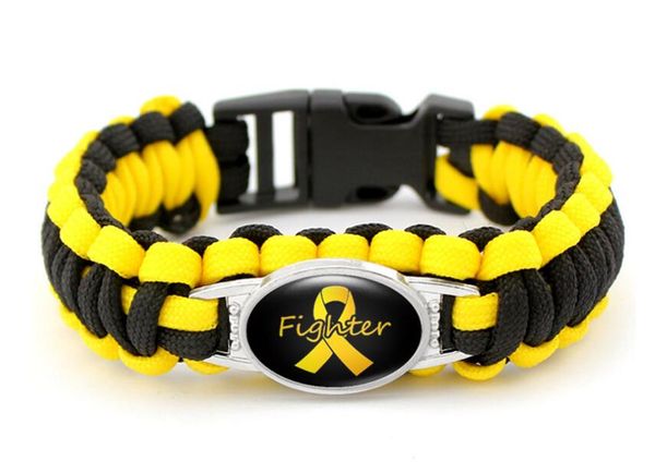 (10 unids/lote) pulseras de Paracord para concientización con cinta de esperanza de luchador contra el cáncer de mama rosa, azul, amarillo, negro, para acampar al aire libre