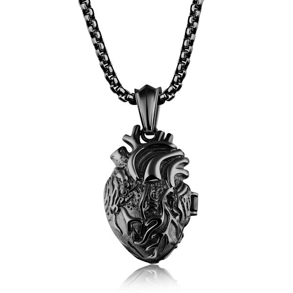 (23mm * 35mm) colgante de corazón de órgano anatómico abierto para hombre, collar con medallón conmemorativo de urna de acero inoxidable, cadena de 21,6 pulgadas, negro, plateado y dorado