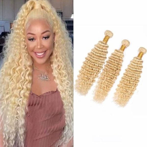 (3 Bundles Deal) 11A Luxe Vierge 613 Cheveux Blonds Soie Extensions de Cheveux Humains Non Transformés Péruvien Indien Malaisien Cambodgien Brésilien Vague Profonde Bundles de Cheveux