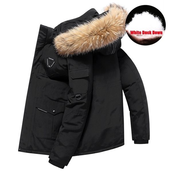 -30 Degré Hommes Hiver Vers Le Bas Veste Chaud À Capuche Duvet De Canard Blanc Anorak Hommes Parka Mi Long Col De Fourrure Manteau Veste Imperméable Mâle 201127