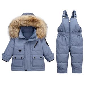 -30 graden Winterjongen Ski Pak Meisjes Snowsuit Echt Bontkraag Parkas 2021 Kinderbodemsjack 2 stks Set Baby Meisje Jas Kleding H0909