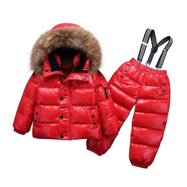 -30 Degré Hiver Enfants Vêtements Ensembles Bébé Garçon Filles Blanc Duvet De Canard Neige Porter Des Manteaux Épais Salopette Veste Enfants Vêtements Costume LJ201017