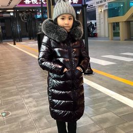 -30 Degrees Russian Cold Winter Girls Long Shiny Duck Down Coats Kids Snow Wear Parka Thick Hooded Jackets with Big Fur Collar 201102