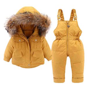 -30 Rusia 2 unids conjunto de invierno chaqueta para niña piel real niño ropa de año nuevo niños traje de nieve general bebé niño mono chaqueta J220718