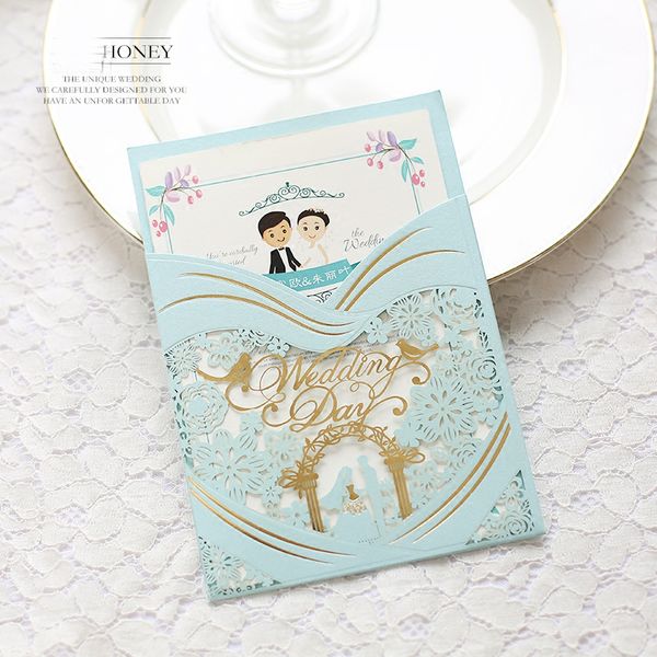 (50 unids/lote) novio azul claro invitaciones de boda corte láser Floral amor pájaro personalizar tarjeta de invitación de matrimonio IC124B