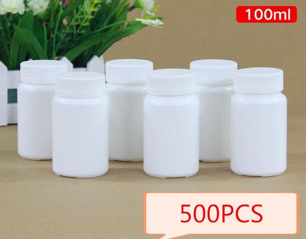 (500 unids/lote) 100ml/100g botella vacía médica HDPE blanca, botella de píldora, botella de cápsula, botella de plástico con almohadilla de papel de aluminio SN1594