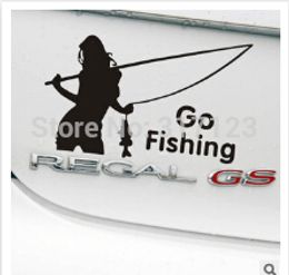 (50 stuks / partij) Groothandel Belle Go Fishing Vinyl Autoraam Decals Grafiek Sticker Auto Styling