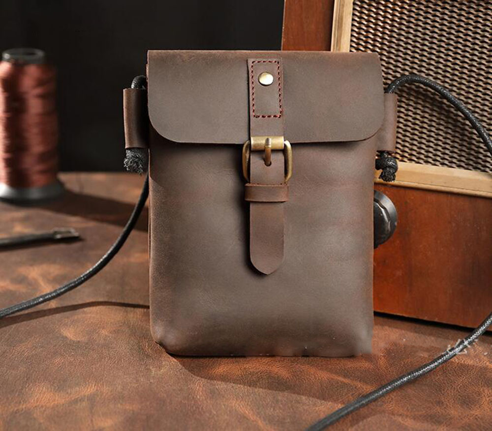 -9 Mini tragbare Geldklammern Retro Casual Herren Europa Handy Messenger einzelne Umhängetasche reines Leder Geldbörse