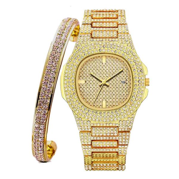 + Bracelet pour Bling Miami Bracelet glacé es Hip Hop belle montre en or ensemble de bijoux pour femmes