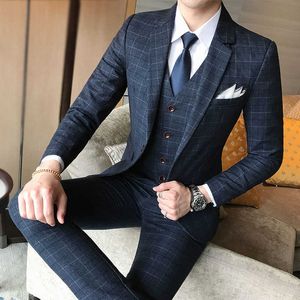 (Blazer + Pantalones + Chaleco) Traje de hombre de lujo Conjunto de 3 piezas Moda Boutique Lattice Novio Vestido de novia Hombres Tuxedo Hombres Banquete Club Vestido X0608