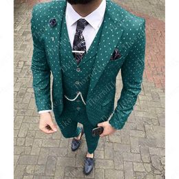 (Blazer + broek + vest) groenblauw polka dots mannen pak slim fit bruiloft slijtage zaken mannen paars pak elegante kostuum mariage homme xs-5xl x0909