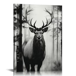 - Toile de cerf art mural noir et blanc Elk en brume