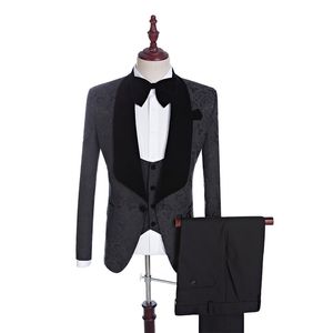 (Veste + pantalon + gilet + nœud) costume de mariage pour hommes, blazer classique noir à fleurs, coupe cintrée, Tuxedos, costume de fête formel pour marié