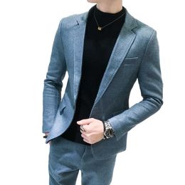 (Veste + pantalon) 2020 nouveaux hommes mode Boutique couleur unie laine mince décontracté costume d'affaires mâle marié robe de mariée costume X0909
