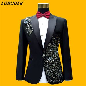 Moda de alto grado Apliques Trajes de hombre Lentejuelas brillantes Cristales blancos Blazers Pantalones Conjunto Fiesta de baile Anfitrión Cantante Traje Boda Traje principal