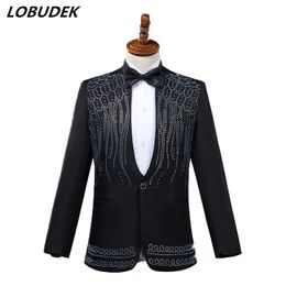 (Veste + Pantalon) Costumes masculins formels Cristaux clignotants Noir Blanc Slim Blazers Hôte chanteur danseur Maître pour les costumes de scène de fête de bal de mariage