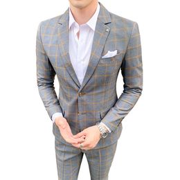 (Veste + Pantalon) Haut de gamme Marque Boutique Mode Plaid Hommes Casual Costume D'affaires 2 Pces Ensembles Marié Robe De Mariée Performance X0909