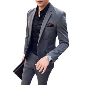 (Veste + Pantalon) Costume de marque haut de gamme Stripe Formel Business Men's Suit 2Pces Set Stage Banquet Robe Groom Mariage Costume Mâle Blazer X0909