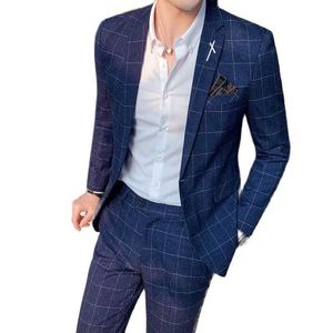 (Veste + Pantalon) Haut de gamme Formel Business Social Office Mens Slim Costume 2pces Set Stripes Plaid Groom Robe de mariée Costume masculin X0909