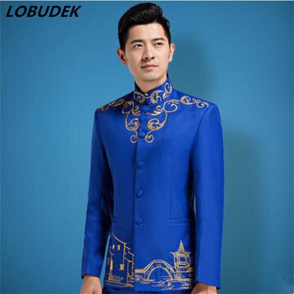 (Veste + pantalon) costume homme bleu royal mode slim costumes chanteur équipe bal performance robe chorale star hôte scène porter X0909