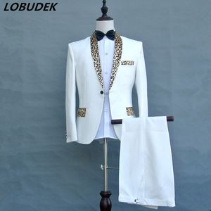 (jas + broek + tie) zwart wit luipaard kraag mannelijk pak host prom formele fase kostuums heren zanger chorus prestatie kleding bruiloft pak