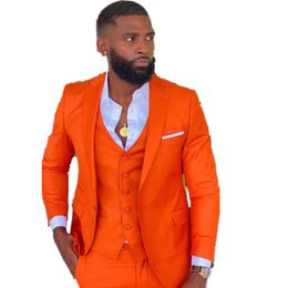 (Jas + broek + vest) knappe oranje slim fit bruiloft smoking zakelijke partij prom man blazer formele jurk terno masculino heren pakken vuur
