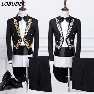 (Jas + Tie + Girdle + Broek) Pak Mannelijke Magician Tailcoat Swallowtail Kostuums Prom Formele Zanger Host Stage Performance Tails Sets Coral Dress