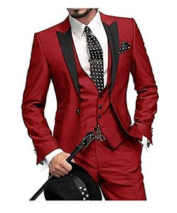 2019 Red Slim Fit Tuxedo 3 Piece Suit - One Button Notch Lapel Wedding Groomsmen Men's Suits