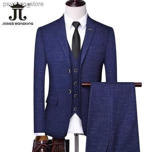 (Veste + gilet + pantalon) Checker Casual Business Office Costume pour hommes Ensemble de trois et deux mariés robe de mariée costume à carreaux mâle Q230828