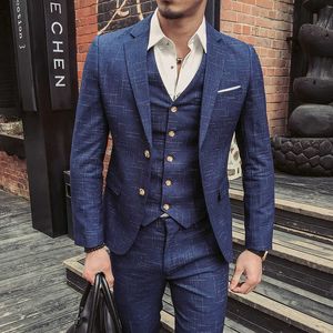 (Chaqueta + chaleco + pantalones) boutique de moda para hombres a cuadros traje de negocios formal de 3 piezas Trajes casuales de alta gama para hombres Juego de bodas